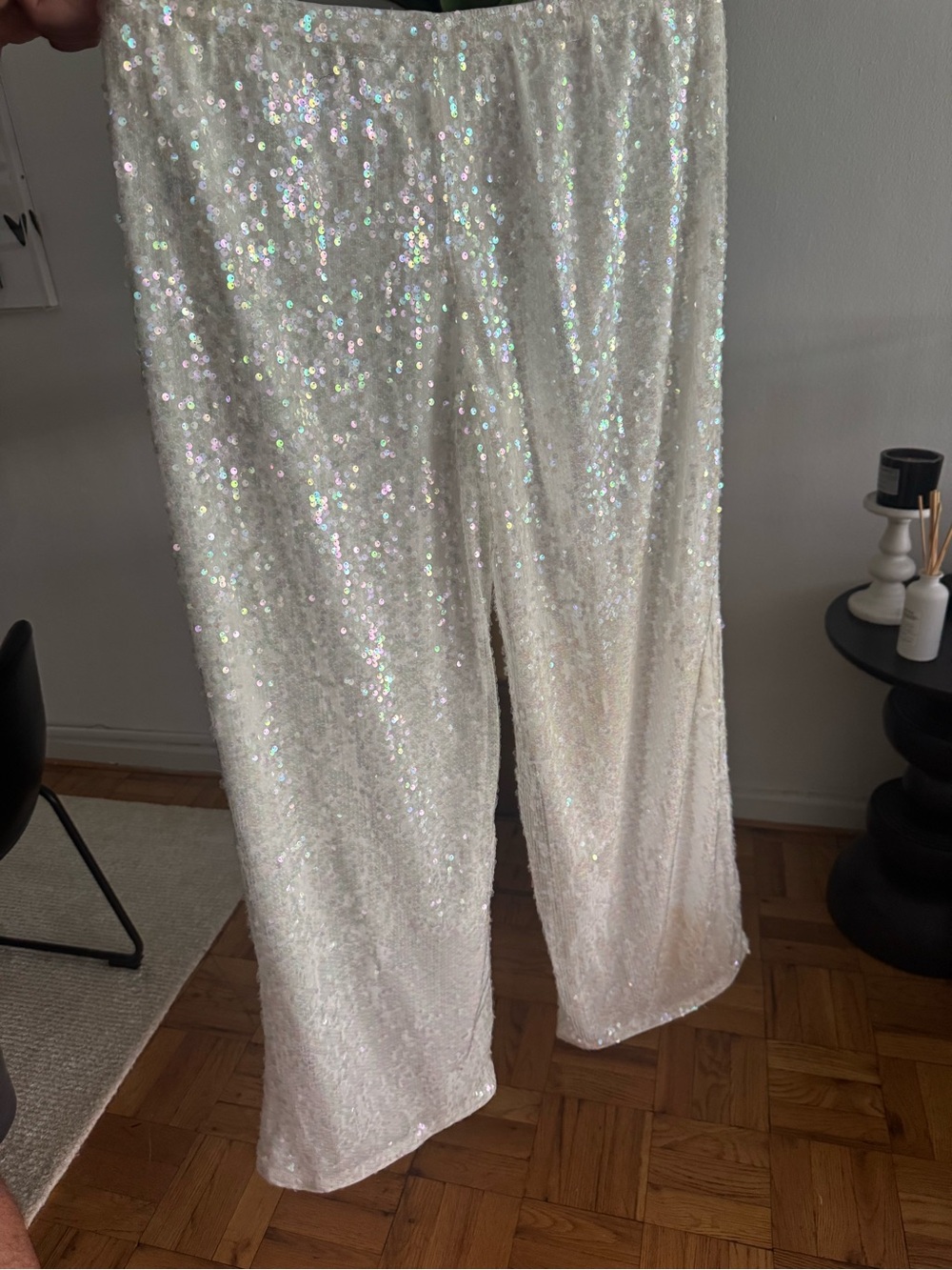 SHEIN Iridescent Sequin Wide-Leg Pants in Ivory